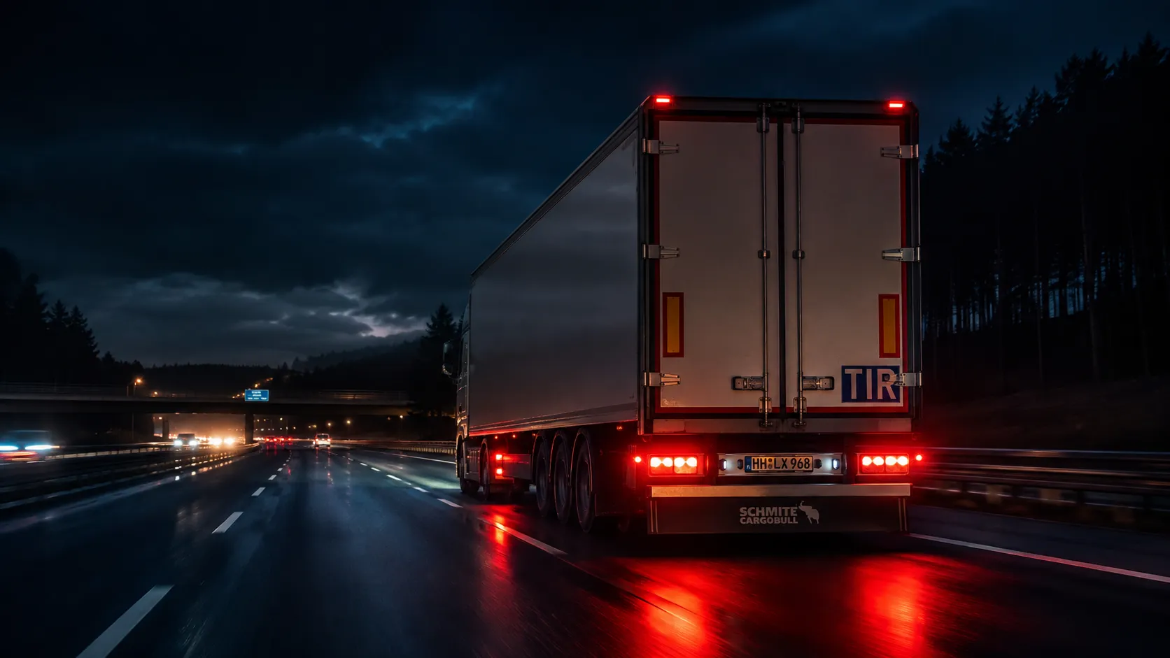 Ciężarówka z naczepą na nocnej autostradzie z włączonym oświetleniem LED
